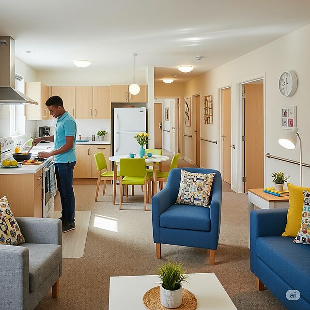 Ein junger Mann kocht in einer modernen, offenen Wohnung mit Küche, Essbereich und Wohnzimmer.