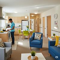 Ein junger Mann kocht in einer modernen, offenen Wohnung mit Küche, Essbereich und Wohnzimmer.