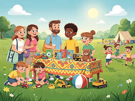 Eine bunte und fröhliche Illustration eines Wiesenflohmarkts mit Familien und Kindern, die auf einer sonnigen Wiese spielen und verschiedene Spielsachen wie einen Teddybären, einen Strandball und ein Spielzeug-Baggerfahrzeug betrachten. Im Hintergrund sind weitere Besucher und eine gemütliche Atmosphäre mit Zelt und Natur zu sehen.