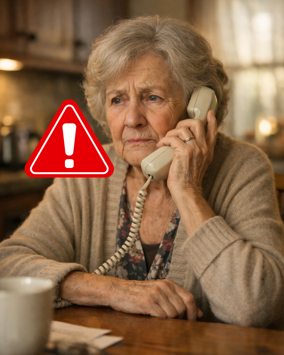 Ältere Frau sitzt besorgt am Küchentisch und telefoniert; im Vordergrund ist ein großes rotes Warnsymbol mit Ausrufezeichen eingeblendet.