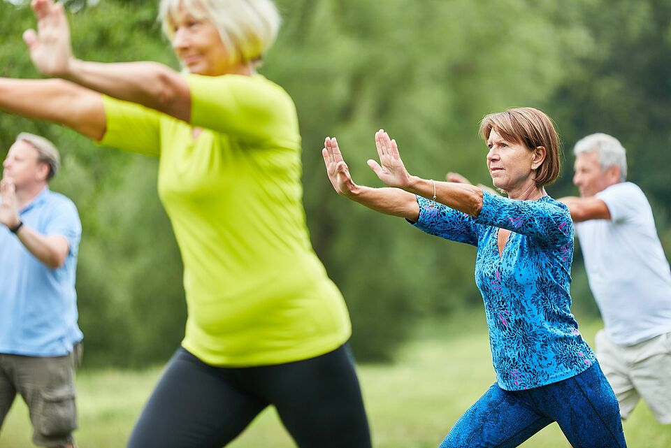Qi-Gong-Kurs Wersen-Büren Gruppe von vier älteren Personen, die im Freien Yoga oder Tai Chi üben. Im Vordergrund steht eine Frau mit kurzem braunem Haar in einem blauen, gemusterten Oberteil und blauer Hose, die eine seitliche Dehnübung mit ausgestreckten Armen ausführt. Im Hintergrund sind drei weitere Personen in verschiedenen Posen zu sehen, umgeben von grüner Natur und Bäumen.