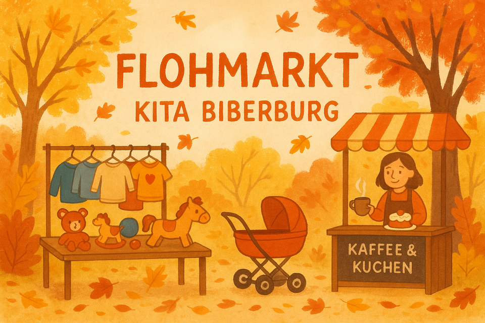 Herbstliche Illustration zum Flohmarkt der DRK Kita Biberburg in Hörstel: Bunte Blätter fallen, ein Tisch mit Kinderkleidung, Spielzeug und Kinderwagen lädt zum Stöbern ein. Ein Stand bietet Kaffee, Kuchen und Selbstgebasteltes. Schriftzug „Flohmarkt Kita Biberburg“. Familienfreundliche Veranstaltung in Hörstel am 25. Oktober 2025