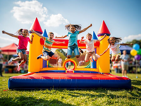 TdoT_Biberburg Kinder springen lachend auf einer bunten Hüpfburg im Sommer