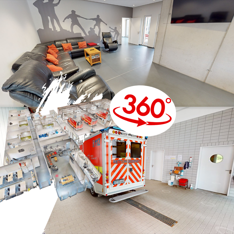 360-Grad-Rundgang durch die DRK-Rettungswache: Virtuelle Einblicke in den Aufenthaltsraum mit Sofas und Sesseln sowie in die Fahrzeughalle mit einem Rettungswagen.